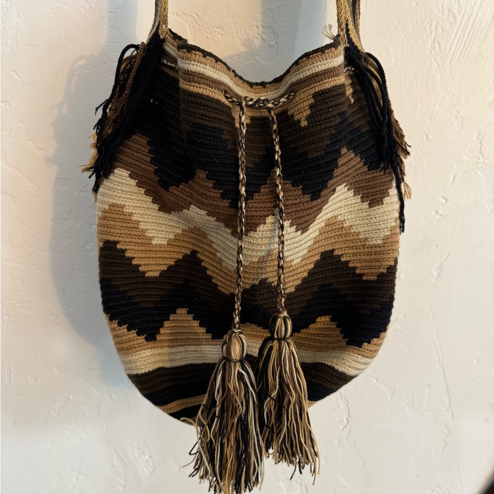 WAYUU TRIBE BAG PURSE BROWN BLACK ZIG ZAG WOVEN HANDMADE EUC